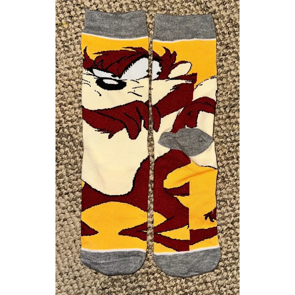 Looney Tunes Tasmanian Devil  Crew Socks Yellow Grey‎ Adult size 9-12 NEW